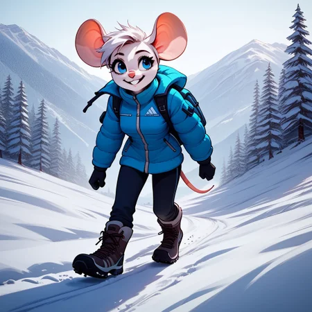 score_9, score_8_up, score_7_up, source_anime, B3ck13M0us3, anthro mouse, hiking in a blizzard, hiking jacket, hiking boots, snow, low visibility, white background, close up, smiling,