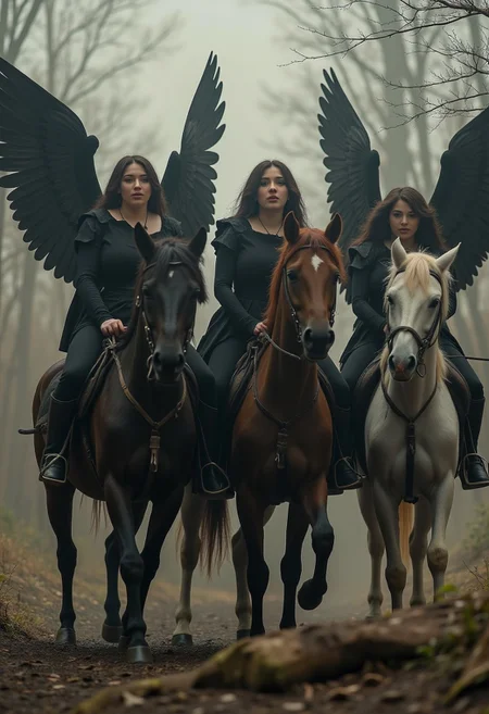 four beautiful women on horses representing the four horsemen of the apocalypse. A dystopian scene as the women ride the horses, dark angelic women,