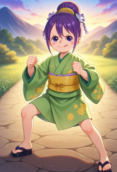 ultra-detailed, ultra-detailed background, ultra-detailed eyes, detailed limb, hair between eyes, outdoors, mountain, 1girl, <lora:Tama_Kurozumi_-_One_Piece__Illustrious:0.8>, child, purple hair, shimada hairstyle, hair bun, purple eyes, eyelashes, one piece wano style, hair ornaments, pink cheeks, green kimono, yellow sash, patched kimono, japanese sandals, loose clothes, fighting stance, detailed toes, v-shaped eyebrows, looking at viewer, licking lips, clenched hands, <lora:hand 5.5_903007:0.1>, well-defined fingers, ultra-detailed fingers, <lora:illustriousXL_stabilizer_v1.7_1135253:0.1>, <lora:spo_sdxl_10ep_4k-data_lora_webui_482964:1>, <lora:Hyper-SDXL-8steps-lora:0.5>, general, masterpiece, best quality, amazing quality, very aesthetic, absurdres,