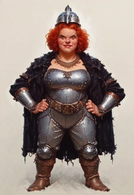 score_9, score_8_up, score_7_up, 1girl, 18 year old cute redhead, Dwarf, short stature, (big nose:0.5), blue eyes, freckles, red hair, large breasts, thick body, muscles, sweaty, big lips, smirking, medieval fantasy, standing, legs apart, hands on hips, leather armor, chailmail, relaxed, (studded leather belt), wolfpelt cloak, steel tipped leather boots, bracers, dwarven helmet, gold jewelry, large battleaxe
