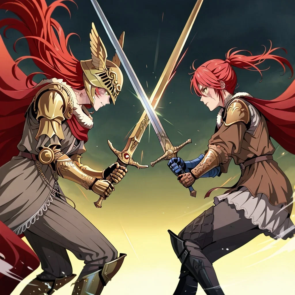 masterpiece, best quality, newest, absurdres, highres, anime, anime style, cyberpunk, SwordClash, 2girls, multiple girls, BREAK 1girl, millicent \(elden ring\), yellow eyes, red hair, long hair, ponytail, scar, prosthetic arm, single mechanical arm
SwordClash, sword, holding sword, sword, weapon, holding weapon,
BREAK 1girl, malenia blade of miquella, floating hair, red hair, long hair, prosthetic leg, armor, gold armor, winged helmet, armor, red cape, prosthetic arm, single mechanical arm, SwordClash, sword, holding sword, sword, weapon, holding weapon,