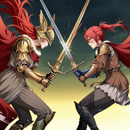masterpiece, best quality, newest, absurdres, highres, anime, anime style, cyberpunk, SwordClash, 2girls, multiple girls, BREAK 1girl, millicent \(elden ring\), yellow eyes, red hair, long hair, ponytail, scar, prosthetic arm, single mechanical arm
SwordClash, sword, holding sword, sword, weapon, holding weapon,
BREAK 1girl, malenia blade of miquella, floating hair, red hair, long hair, prosthetic leg, armor, gold armor, winged helmet, armor, red cape, prosthetic arm, single mechanical arm, SwordClash, sword, holding sword, sword, weapon, holding weapon,