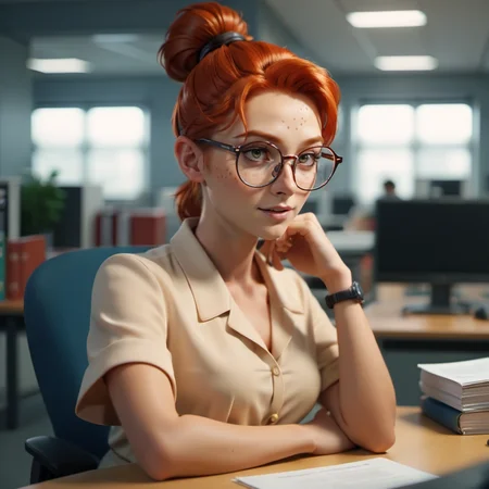 cinematic photo 1girl, solo, round glasses, freckles, redhead, ponytail, in an office <lora:MlleJeanne1024-step00000800:0.8> . 35mm photograph, film, bokeh, professional, 4k, highly detailed