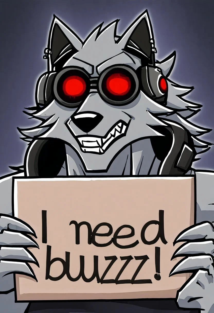 need_buzz, holding sign ,wolf, black, black opaque glasses ,headphones ,i need buzz lol ,red eyes ,gray skin ,piercing