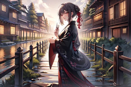 highly insanely detailed, masterpiece, top quality, best quality, highres, 4k, 8k, RAW photo, (very aesthetic, beautiful and aesthetic),
(code_style,codestyle),
<lora:CodeStyle (half generic class)_564920:0.7>,
(1girl:1.3), 1other,
japanese building,dirt road,willow tree,stone fence,river,flannel red background,âââ