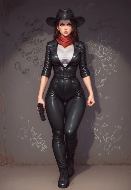 safe_pos, Beauty young clean face, dynamic view, Highly detailed, looking at viewer, from the front 1 girl, illustration, Skinny, masterpiece quality, best quality, Cowboy shot, realistic drawing, anime style by Sam Yang,
Sharp, highly detailed 2D illustration,
Hyperrealism, soft light, sharp features.
Character Details: 1female, 25 years old, and green glowing eyes, a dark cowboy hat on his head, a red scarf around his neck, metal ribs are visible through an unbuttoned black leather raincoat,
((ready to fight, holdind big gun in hands)), <lora:1_ino_20e:1>, action pose
((full clothed))
Background: (slums, graffiti:1.9)
score_9, score_8_up, score_7_up, score_6_up, source_cartoon, rating_explicit, Expressiveh, (((((full body))))),
<lora:add-detail-xl:1>
<lora:Dynamic Poses:1>