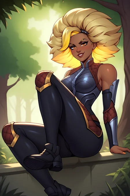 score_9, score_8_up, score_7_up, score_6_up, BREAK, RellLoLXL, dark skin, colored skin, orange eyes, blonde hair, yellow hair, afro, big hair, two-tone hair, medium breasts, armor, black bodysuit, detached sleeves, black elbow gloves, black pants, black shoes, solo, full body, sitting, bellow view, foot focus, seductive smile, looking at viewer, naughty face, nose blush, forest <lora:RellLoLXL:1>