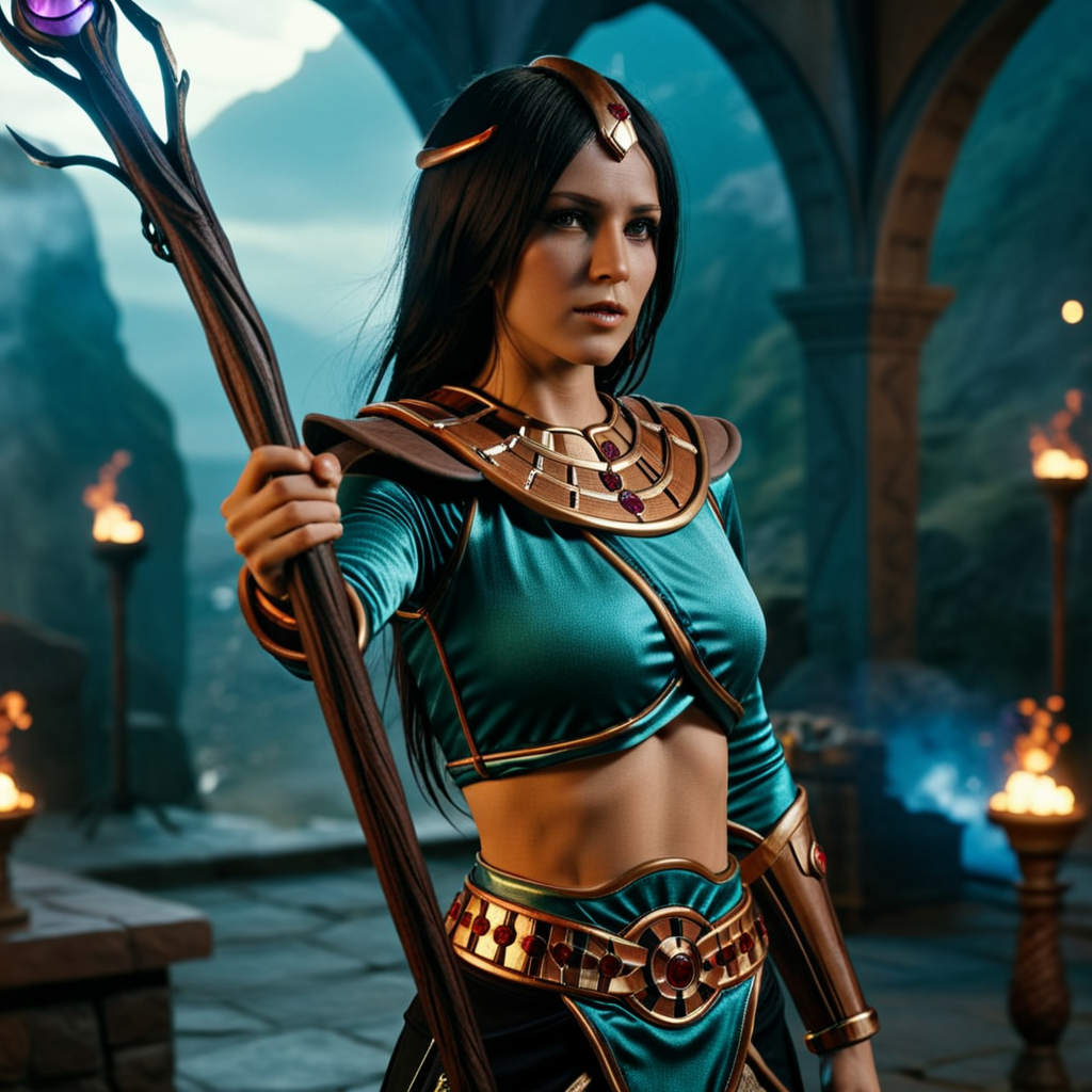 cinematic photo Cinematic scene, hero view, d2s sorceress <lora:diablo_2_sorceress_xl_v1:1>, action pose, detailed background, masterpiece, best quality, high quality, highres, absurdres  . 35mm photograph, film, bokeh, professional, 4k, highly detailed, <lora:oowoman:0.7>