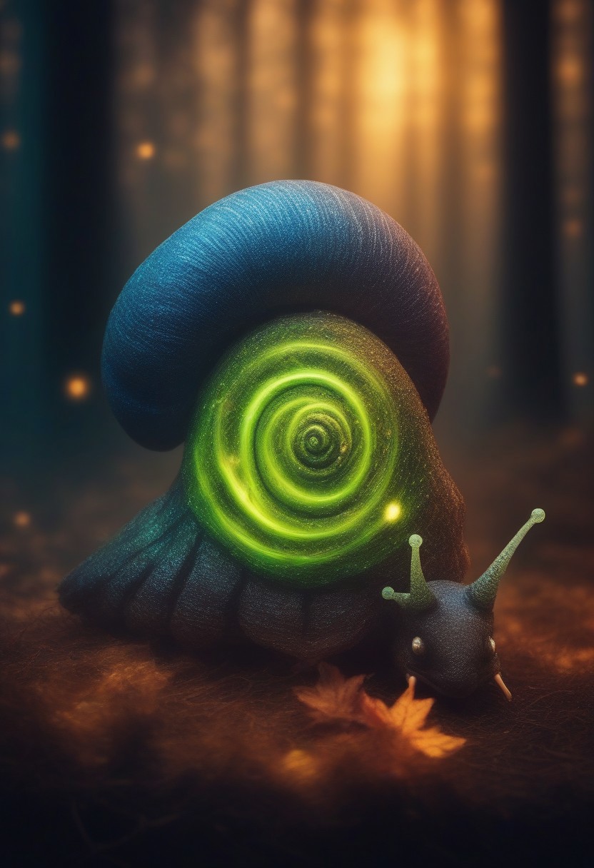 (snail wizard googly eyes), eating candy, sharp  teeth, Close up, blurry background.
glowing tress, forest
zavy-flrscnc, fluorescent, fluorescent spraypaint,