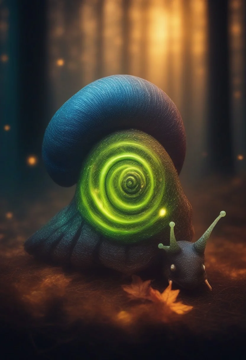 (snail wizard googly eyes), eating candy, sharp  teeth, Close up, blurry background.
glowing tress, forest
zavy-flrscnc, fluorescent, fluorescent spraypaint,