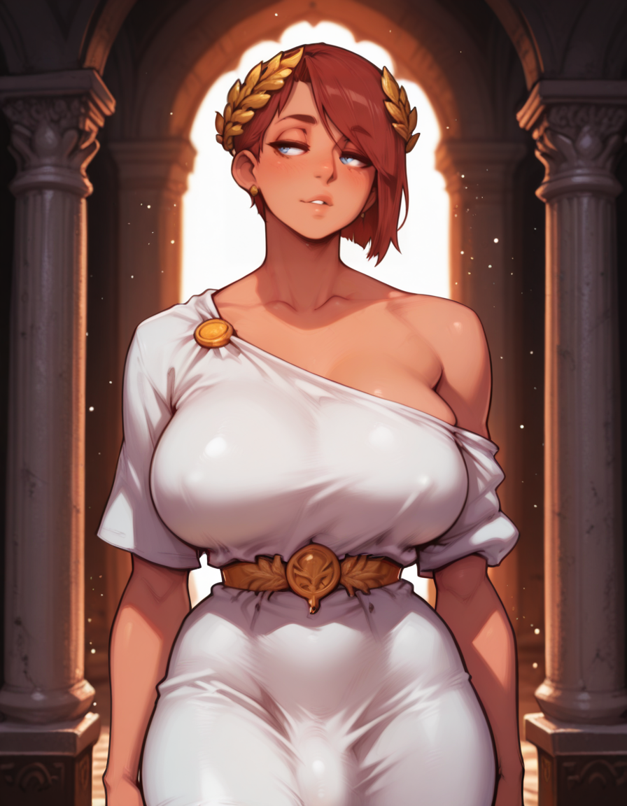masterpiece,  best quality,  1girl, solo,  absurdres, 
huge breasts,
lucidg,
short hair, brown hair, blue eyes,
white dress, laurel crown, greek clothes, 
bulge,
standing with oversized shirt slipping off one shoulder, teasing glance, , straight-on ,
fantasy, temple, pillars,
glowing, light particles, blurry background,
embedding:SmoothQuality,