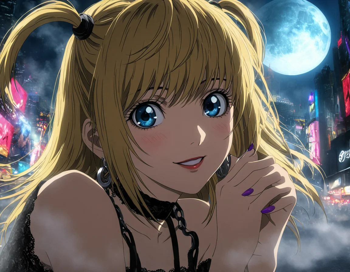 1girl, portrait of Misa Amane, death note, Modern Anime, adult female, From Death Note anime, best quality, 8K, DSLR quality, Bloom Lighting, Good Face, Beautiful Face, Slim, highly detailed, glow, extreme details, fog, smoke, blond hair, full body, happy, smile, perfect eyes, <lora:perfect-eyes:1>, perfecteyes, eyes reflection, detailed eyes, upper body, hdr quality, full of color, smoke, cinematic, night, moon light, 2010s, windy, hair swaying in wind, purple nail polish, nigh time, blue eyes, grainy, chromatic aberration, adult woman, Depth of field effect, uwu, cute, blush, perfecteyes, eyes reflection, detailed eyes, upper body, shy smile, hdr quality, hands doing cute pose, full of color, smoke, detailed hands, 5 fingers, good hands, cinematic, in city, times square, no crowd, <lora:misa_amane-step00000862:1>