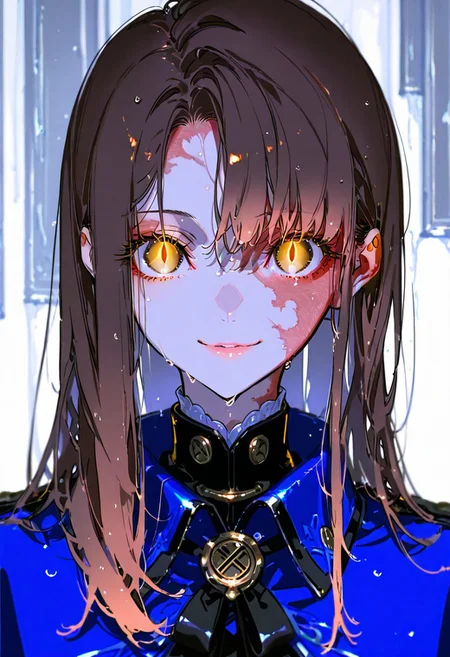 masterpiece, best quality, good quality, newest, highres, absurdres, uncensored,
BREAK 
detail background, very awa, absolutely eye-catching, (beautiful face), 
BREAK
amazing quality, best quality, ultra-detailed, 8K, illustration, CG, ultra-detailed-eyes, cute girl, wide shot, eyelashes
BREAK
(only girl, solo focus)
BREAK 
puffy lips, wet hair, wet, white backround, 
BREAK 
perfect composition, solo, 1girl, eye reflection, wide eyed, eyelashes, 
BREAK
professional lighting, Photorealistic, source_real, 8k, sharp focus, golden eyes, glowing eyes, slit pupils, brown hair, perfect nose, slicked back, long hair, smooth hair, parted hair, shiny, burn scar, smile, looking at viewer, blue cloak,
(by yoneyama mai, rolua, roitz \( roitz \):1.25), colored lines,