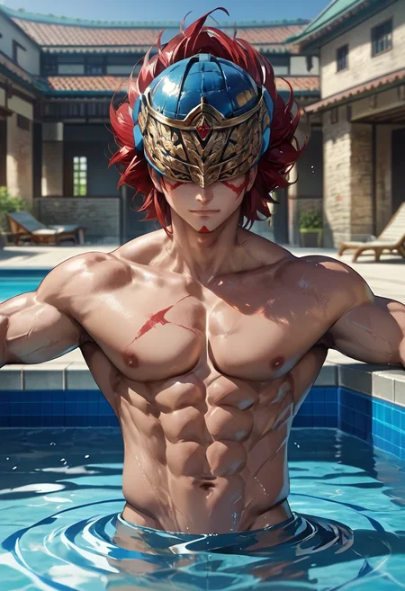 source_anime, (masterpiece), (best quality), score_9, score_8_up, score_7_up, (masterpiece:1.2), (best quality:1.3), 1boy <lora:Kotaro_Fuma_Sengoku_Basara:0.75> fkotaro_sgbs, helmet, red hair, black aura, facing viewer, upper body, muscular, shirtless, pool, masterful composition, dynamic movement <lora:Anime Style (Vauxz) PONY:0.8>, low-key lighting, lo-fi, glow, dynamic cinematic lighting, ray_tracing, global illumination