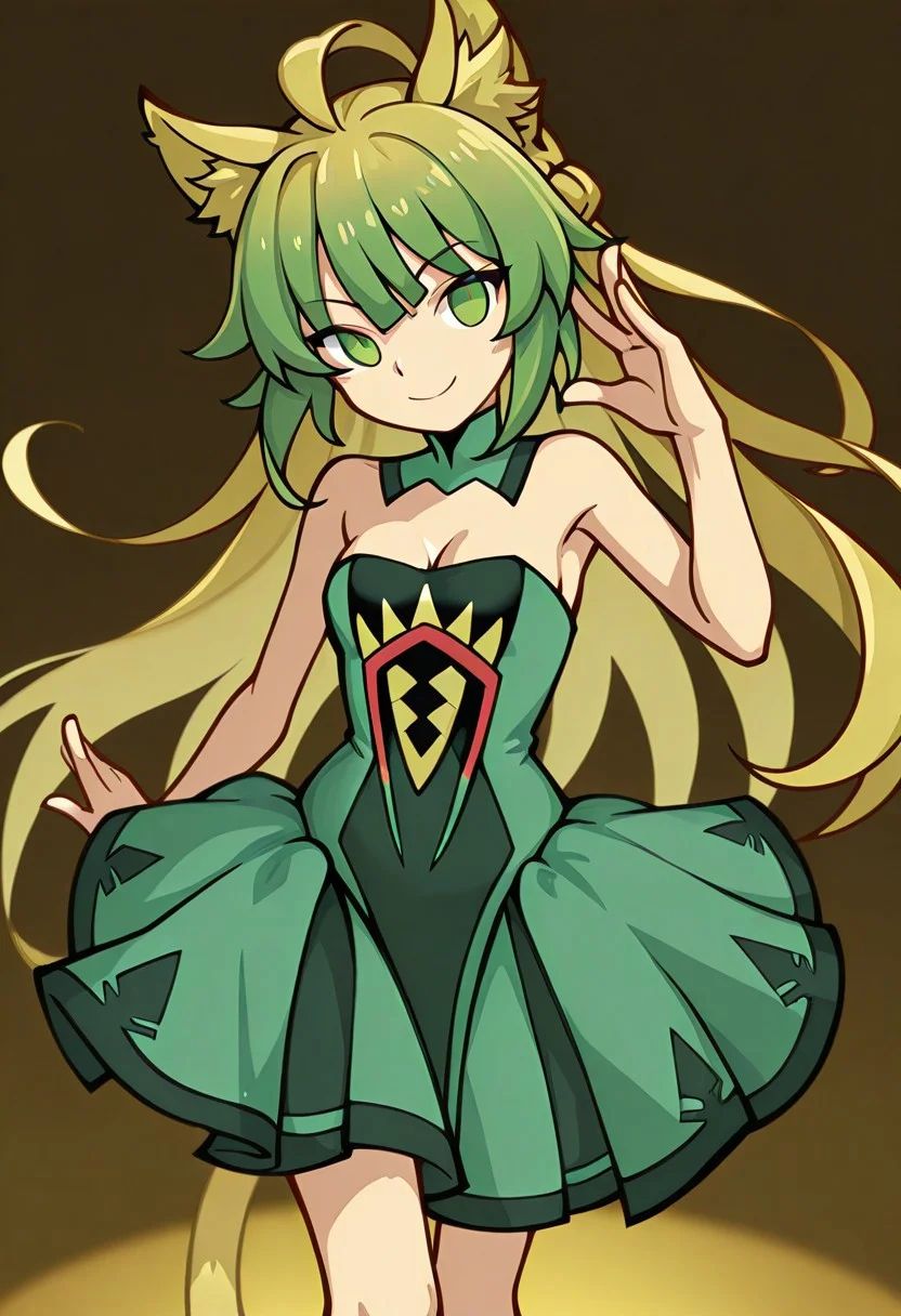 masterpiece, high score, great score, absurdres, ,
1girl,solo,
pose,opem legs.hand up.
(smile),
Atalanta,Atalanta (Fate Grand Order),green dress,cleavage,