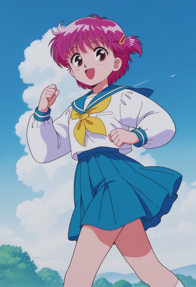 masterpiece, best quality, source_anime,official art,perfect_anatomy,1990s_\(style\),retro_artstyle,wapiko,1girl,pink hair,short hair,hair ornament,hairclip,school uniform,sailor colla,rserafuku,long sleeves,skirt,looking_at_viewer,happy smile,running,day,blue_sky,cloud