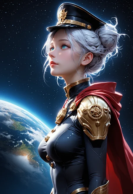 ASCII, photorealistic, OLED, score_9, score_8_up, score_7_up, score_6_up, 1girl, extremely detailed photo of a beautiful woman, nordish woman, 25 yo, round face, cheekbones, wide chin, wide lower jaw, small_nose, small eyebrows, small eyes, turquoise eyes, white hair, strands of hair falling over the face, hair tied into a bun at the back, black military cap, black tight-fitting military jacket with gold buttons, black leggings, red cape with gold fringed shoulder pads, in the galaxy, in front of a planet and the cosmos, side view, slying in the galaxy, raise her arms, dark blue sky, <lora:Expressive_H:0.5> ExpressiveH,<lora:Sinozick_Style_XL_Pony:0.2>, sinozick style, everything is shrouded in white mist, starsky background by jed-cosmos style, dark blue star sky by night, giant grey planet in background behind woman <lora:Jed-Cosmos-sdxl:0.4> Jed-Cosmos, full body