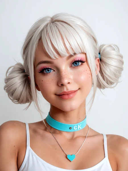 score_9, score_8_up, score_7_up, realistic lighting, photo, photorealistic
1girl, white hair, necklace, (realistic:1.6), photo, (bangs:1.1), side view, (detailed face and eyes:1.2), white background, perfect cute face, inventor, turning to look at viewer, vibrant colors, cocky smile, choker, freckles, eyeshadow, pigtail buns, round face