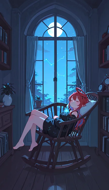 score_9,score 8 up , solo , 1girl, El1zabethRB , red eyes, red hair, colored inner hair, long hair, huge ahoge, hair ornament, blue fire, fire on chest , nights ,  closed eyes , sleeping , sweater dress , celestial pattern , vintage library, bookshelf , warm lighting , glowing particles, soft atmosphere, peaceful , dreamy ambiance , negative space , introspective mood , full moon , constellation , rocking chair , arcana , light Rays , potted plant , reflective floor , open window , arched window , barefoot , curtains,   Break  A cozy and magical scene of a young girl , peacefully napping on a rocking chair . She wears an elegant dark dress adorned with celestial patterns, reflecting the night sky, The surrounding library is bathed in a warm, moon light , with countless books stacked neatly on wooden shelves.   Break The composition uses negative space, emphasizing solitude and tranquility. Warm blue light streams from the background,                masterpiece, best quality, amazing quality, very awa, absurdres,anatomically correct, HDR , 8K , superabsurd res, high resolution, ultra-detailed , absurdres, newest , detailed background , detailed clothing, detailed hair, detailed shading  , dramatic lighting , uncensor ,   flat color ,     <lora:spo_sdxl_10ep_4k-data_lora_webui:1.0> <lora:NOOB_vp1_detailer_by_volnovik_v1:1.0> <lora:IllusN3g:1.0> <lora:IllusN3g:1.0> <lora:illustrious_flat_color_v2:0.9> <lora:g00se_v2_ill:0.9> <lora:ChamElizabethRoseBloodflameV2IllustriousXL:1.0>