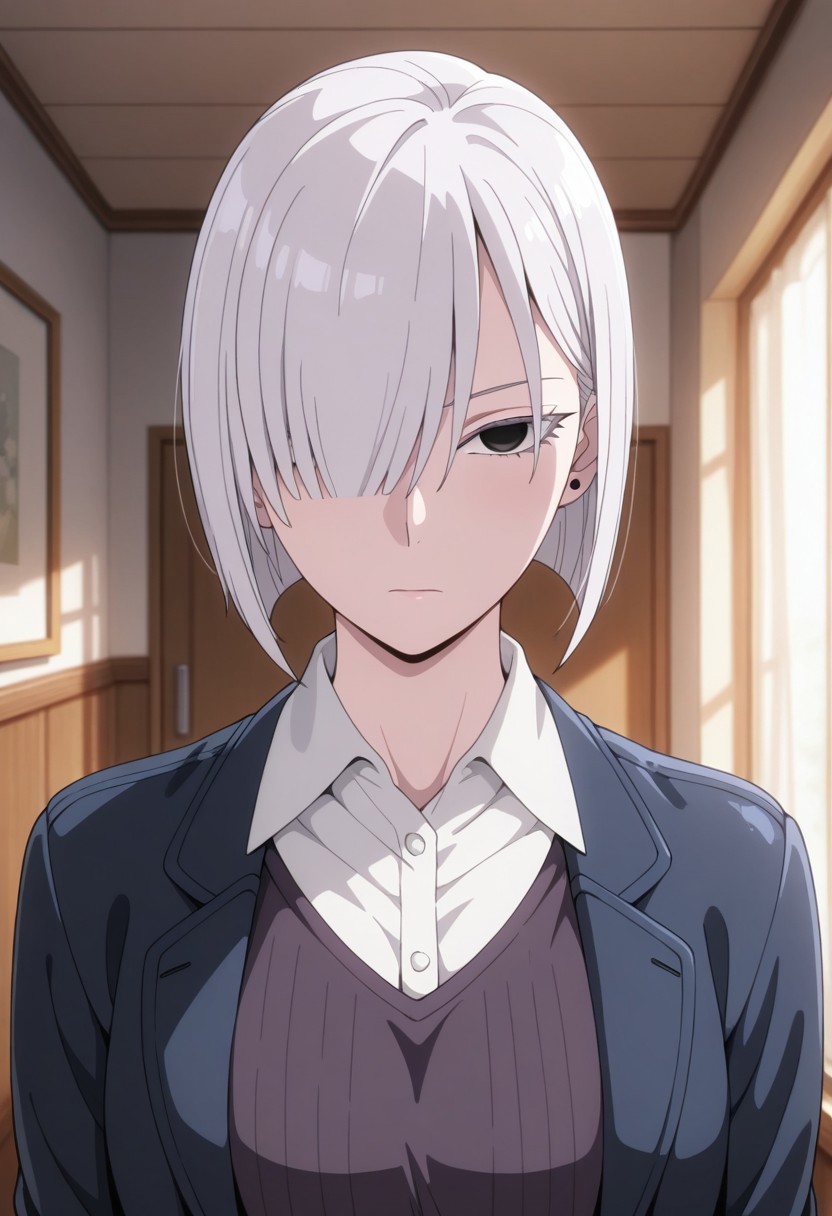 masterpiece,best quality,amazing quality, fiona frost, white hair, short hair, black eyes, solo, 1girl, hair over one eye, shirt, indoors, collared shirt, closed mouth, jacket, upper body, looking at viewer
