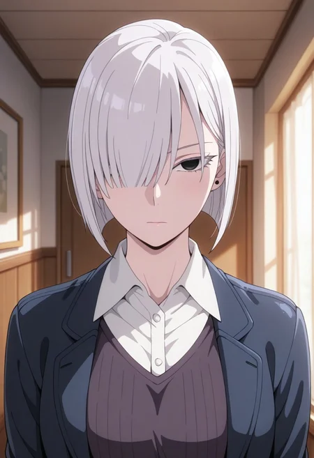 masterpiece,best quality,amazing quality, fiona frost, white hair, short hair, black eyes, solo, 1girl, hair over one eye, shirt, indoors, collared shirt, closed mouth, jacket, upper body, looking at viewer