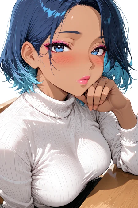 2.5d, masterpiece, best quality, amazing quality, very aesthetic, high resolution, ultra-detailed, absurdres, newest, scenery, cute, 1 sexy tanned adult woman, portrait, very close-up, looking at the camera pensively, blushing very hard, thinking, hand to her lip, blue hair, sitting at a desk, medium breasts, white sweater, tanned, minimalist, minimalist style, clear contour, linear contour, looking at the viewer, (white background:1.1), makeup, detailed lips, Face focus, Reflections, BREAK, masterpiece, best quality, amazing quality, very aesthetic, high resolution, ultra-detailed, absurdres, newest, volumetric lighting,addmicrodetails
<lora:spo_sdxl_10ep_4k:1> <lora:HandFixer_pdxl_Incrs_v1:1> <lora:AddMicroDetails_Illustrious:0.5>