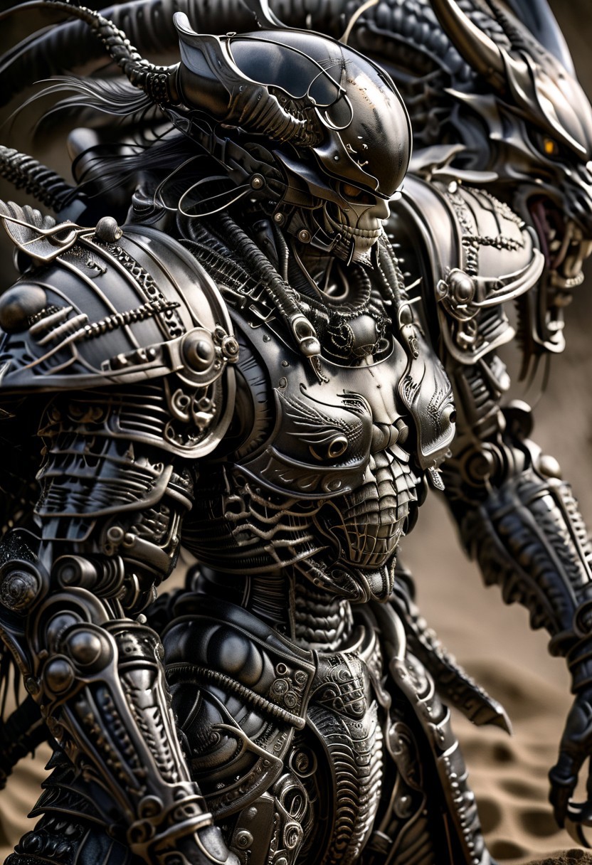 stunning, magnificent, HD, photorealistic, samurai, dramatic lighting, solo, standing alone in a desert, intricate details, intricate armor, intense gaze, mythical, legendary, powerful, ((dark, evening)), cinematic, close-up, art by hr giger,
 armor, science fiction, no humans,
 vintage painting,painting,realism,Americana art,artistic style