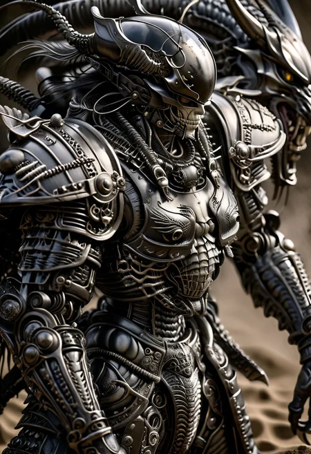 stunning, magnificent, HD, photorealistic, samurai, dramatic lighting, solo, standing alone in a desert, intricate details, intricate armor, intense gaze, mythical, legendary, powerful, ((dark, evening)), cinematic, close-up, art by hr giger,
armor, science fiction, no humans,
vintage painting,painting,realism,Americana art,artistic style