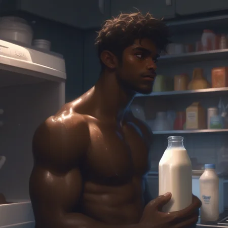 masterpiece,highres,best quality,best aesthetic, intriguing details,solo,1boy, undercut, brown eyes, dark skin, hunter eyes,aaEURm1n1, black furry pyjamas, undressing, hairy chest, nipples, stand in front of a open refrigerator, messy kitchen, indoor, fetching milk bottle, dark environment, perfect hand, wet, sweaty,