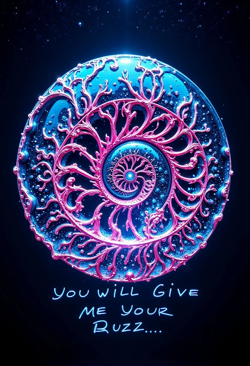 A photo of chambered Nautilus with glowing neon flowing inside and ambre floating underwater at night, wireframe, transparency, glass, intricate light, intricate artwork masterpiece, golden ratio, trending on artstation, highly detailed. shell is metallic. mtlartCE_style. Several hypnotically patterned nautili. aidmatextimprover. Text at bottom that reads "You will give me your BUZZ..." electric plasma flows inside