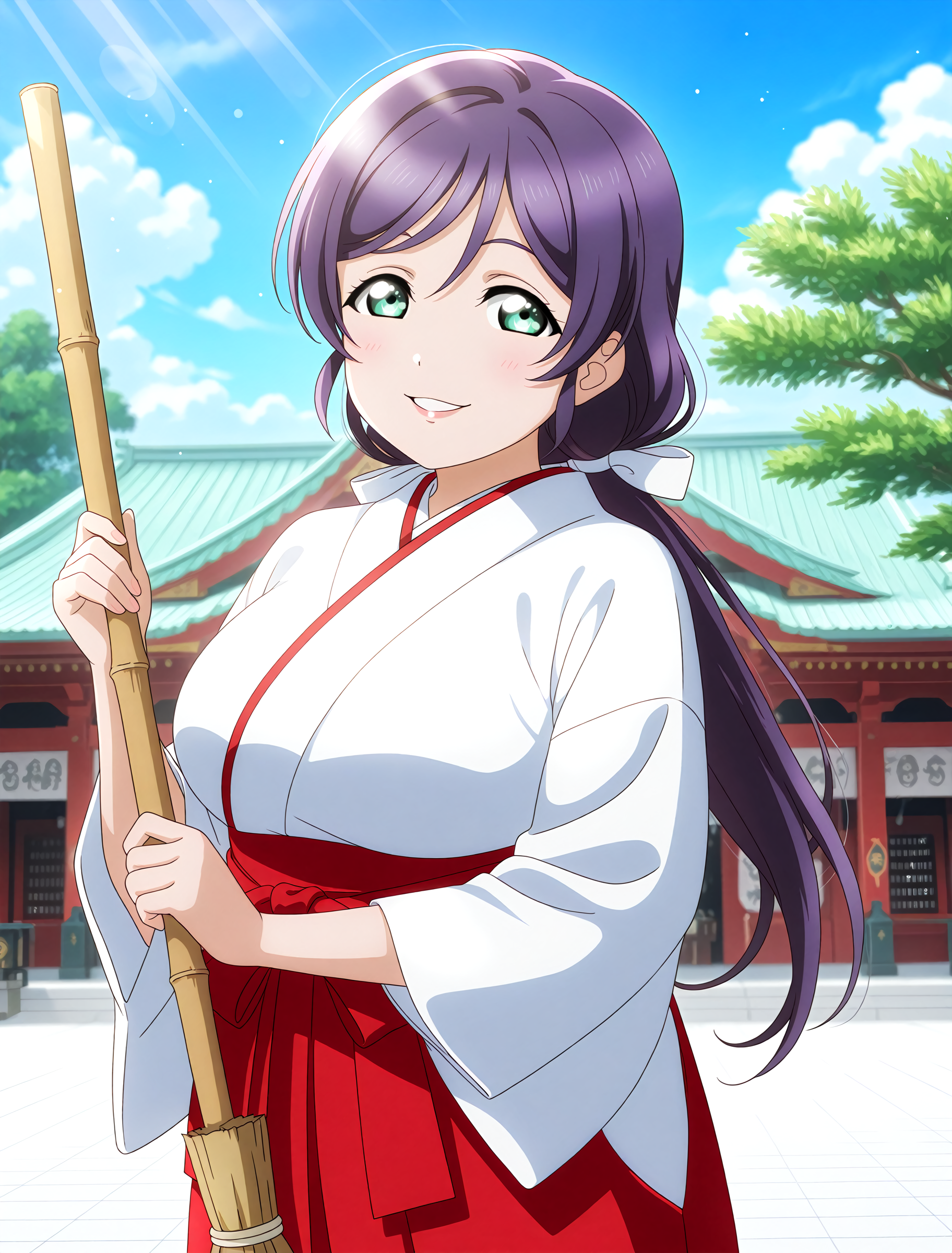 <lora:Koto-Umi-Riko-Shizu-Setsu-LLAS-IllustriousXLV01-V1:1> <lora:sdxl-boldline:-0.5> <lora:sdxl-flat:0.5>
<lora:Kandamyojin-IllustriousXLV01-V1:1>
llas, masterpiece, very aesthetic, absurdres, best quality, newest, perfect anatomy, perfect lighting, anime coloring BREAK
(sparkle, light particles:0.6), light rays, rim lighting, (depth of field, blurry background:1.2) BREAK
1girl, solo, looking at viewer, cowboy shot BREAK
minami kotori, heart hands BREAK
big pupils, (detailed eyes:1.2), large breasts, lips, smile, closed mouth BREAK
minalinsky, chunchun maid, short sleeves, long skirt BREAK
(kandamyojin, kanda jinja, tokyochiyoda shrine), building, tree, day, blue sky, cloud
