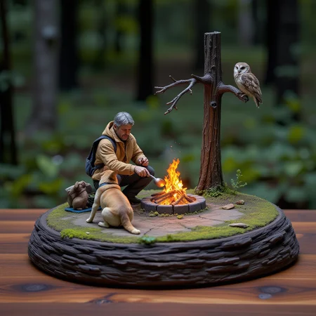 A miniature diorama of a traveler cooking over a campfire in the woods at night. His dog sits beside him and his new friend, an owl, sits on a nearby tree branch. A magical night. <lora:Flux.1_Turbo_Detailer:0.7>, <lora:Diorama_Flux:0.8>
