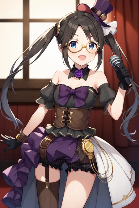 score_9, score_8_up, score_7_up, source_anime, <lora:mitsumine_yuika_XL:0.9>, yuikamitsumine, 1girl, solo, black hair, long hair, twintails, top hat, mini top hat, mini hat, goggles on headwear, blue eyes, monocle, yellow-framed eyewear, gears, black dress, strapless dress, pleated dress, purple bow, detached sleeves, puffy sleeves, short sleeves, puffy short sleeves, black sleeves, vertical-striped sleeves, bare shoulders, detached collar, black collar, purple choker, frilled choker, neck flower, rose, brown corset, purple skirt, half-skirt, frilled skirt, black shorts, frilled shorts, vertical-striped shorts, brown thighhighs, vertical-striped thighhighs, single thighhigh, single garter strap, underbust, black gloves, shorts under skirt, shorts under dress, pocket watch, microphone, holding microphone, looking at viewer, open mouth, cowboy shot, stage