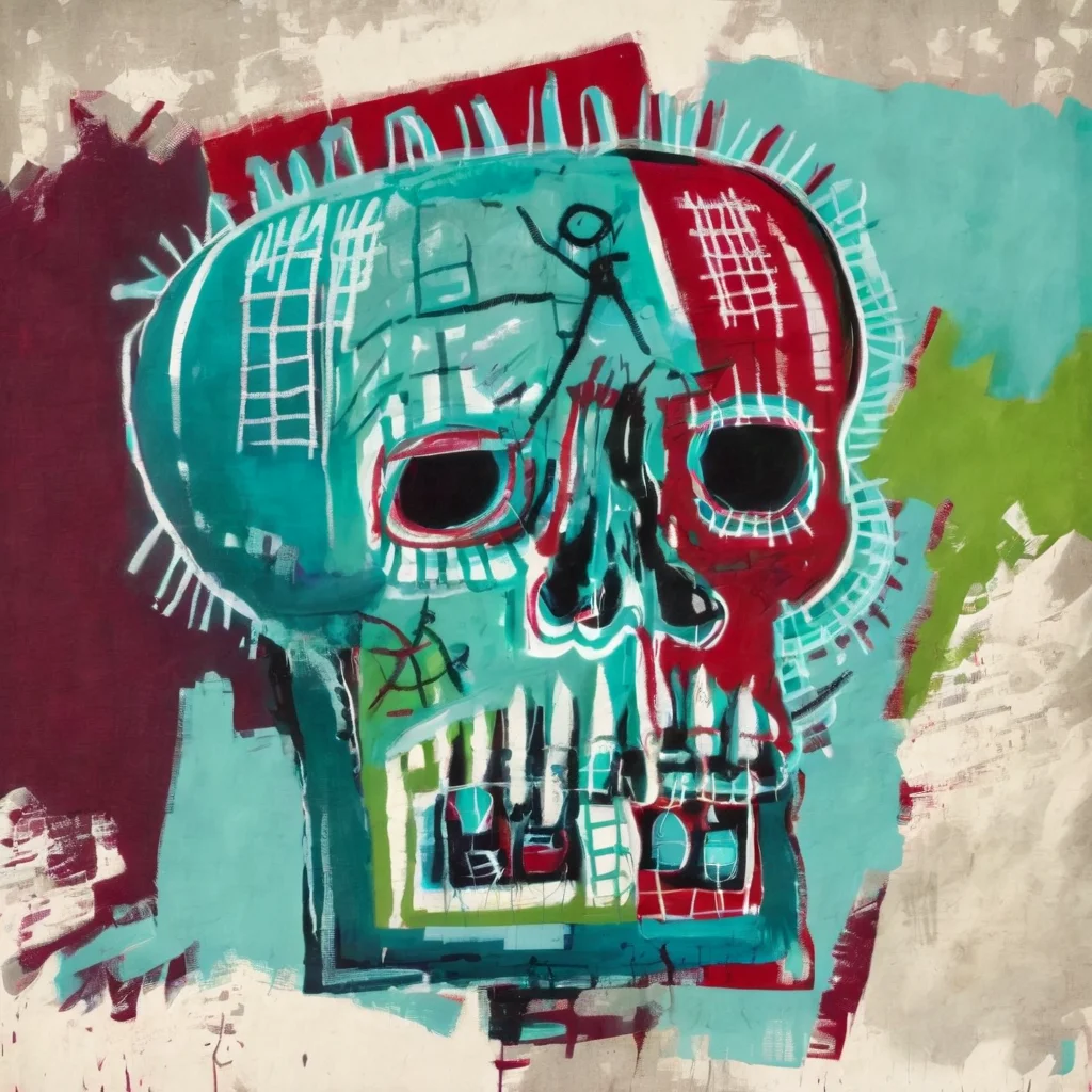 <lora:b4sq:1.4>b4sq weird skull with nose, blue maroon aqua white green background, red skull, abstract, vivid
