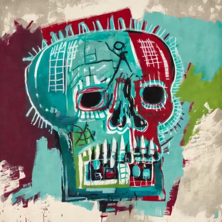 <lora:b4sq:1.4>b4sq weird skull with nose, blue maroon aqua white green background, red skull, abstract, vivid