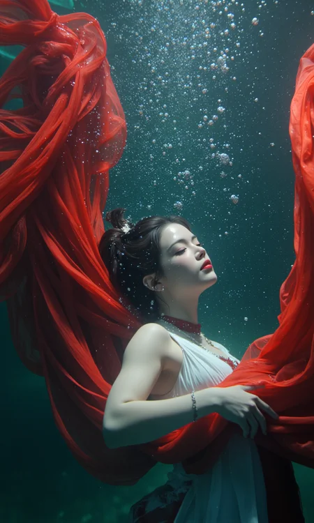 undrwtr, floating hanfu, underwater haut couture photography, Off-center composition, wide-angle with subject facing away, The image is an underwater portrait of a young woman with her eyes closed, submerged in the water. She appears to be in a peaceful and serene state, with her head resting on a large piece of red fabric that is partially submerged in water. The fabric is flowing around her, creating a sense of movement and energy. The water is a deep blue-green color, and there are small bubbles visible around her. The woman's body is covered in a layer of white fabric, and her hair is wet and messy. The overall mood of the image is serene and contemplative., dark and dim light, cinematic photo art nouveau style landscape art by John Henry Twachtman, fantasy art by Andreas Rocha, vibrant, fantasy landscapes, epic scale, surreal, atmospheric, detailed environments, Impressionist, landscapes, atmospheric effects . elegant, decorative, curvilinear forms, nature-inspired, ornate, detailed . 35mm photograph, film, bokeh, professional, 4k, highly detailed