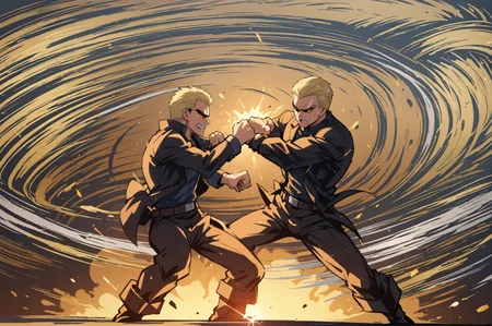score_9, score_8_up, score_7_up, score_6_up, source_anime, rating_explicit, ah1, best quality, (masterpiece:1.4), (high quality:1.4), sharp focus, 4k, absurd resolution, <lora:albertwesker-guy-PONYv1:0.8> albertwesker, albert wesker, ((2boys, multiple boys, fighting, punching, combat)), blonde, black gloves, sunglasses, belt, pants, black coat, black pants, looking at viewer, toned, athletic, fit, slicked back hair, black turtleneck, zipper, mature male, (graphene textured clothes), black boots, bad-hands-5, <lora:xl_more_art-full_v1:0.4>, <lora:shinyskin2:0.3> glistening skin, <lora:aesthetic_anime_v1s:0.4>, <lora:Expressive_H:0.4> Expressiveh, <lora:hairdetailpxl:0.4> hairdetailpxl, <lora:EpicF4nta5yXL:0.4>, <lora:detailxl:0.4> detailxl, <lora:Fant5yP0ny:0.4>, (focused, intense glare), slit pupils, short hair, (reddish orange eyes)
