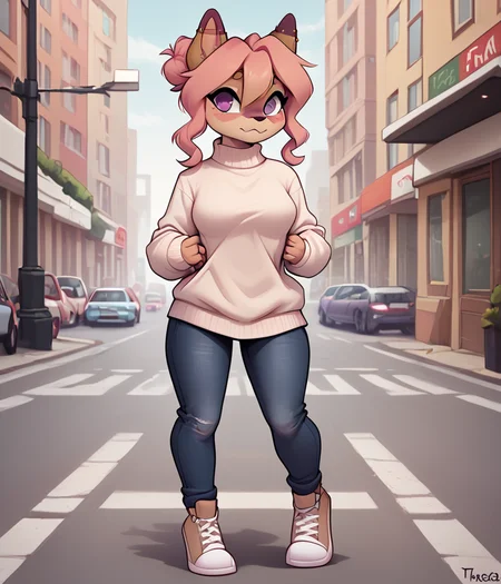 score_9, score_8_up, female, solo, full body, digital art, highly detailed, city street, flashing breasts, bottomless, sweater, <lora:hazel:1.0> hazel, furry, dog girl, beige body, pink hair, purple eyes