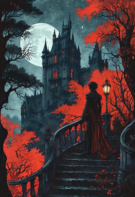 linquivera,  Ink illustration, (anime:0.5), brown tones, aged black red paper, inkpunk, moonlight,surreal, a vampire lord standing on a castle balcony in the forest, (at a distance), Will-o'-the-wisp, moonlit, lonely, solitude, windy, tall trees, willows, willowy,  OverallDetail, extremely detailed, UHD,(long exposure , dystopian but extremely beautiful:1.4),