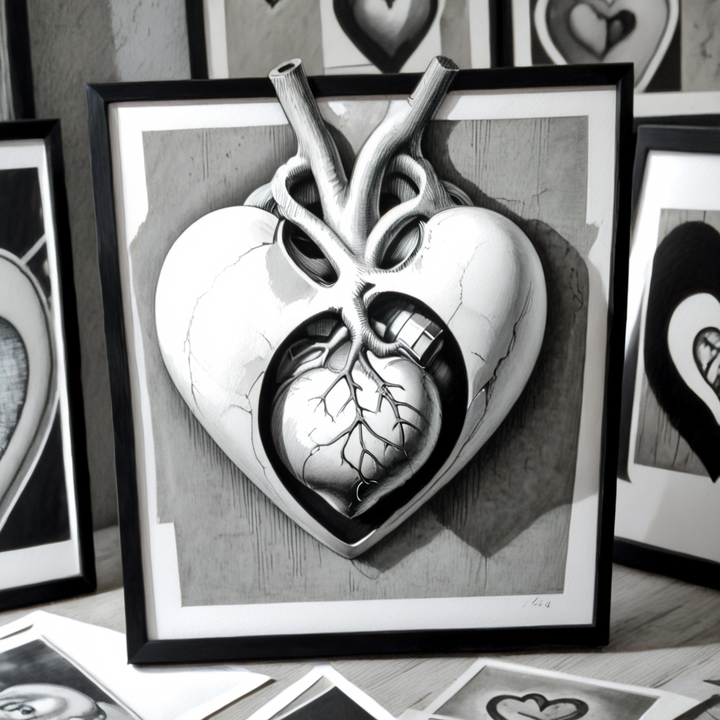 <lora:Monochrome_Graphic_EtchingSDXL:1> ArsMJStyle, Monochrome Graphic Etching, The image shows a black and white drawing of a heart on a table with a few photo frames attached to the wall in the background., monochrome, greyscale, traditional media, no humans, still life, heart, photo (object), crack, picture frame