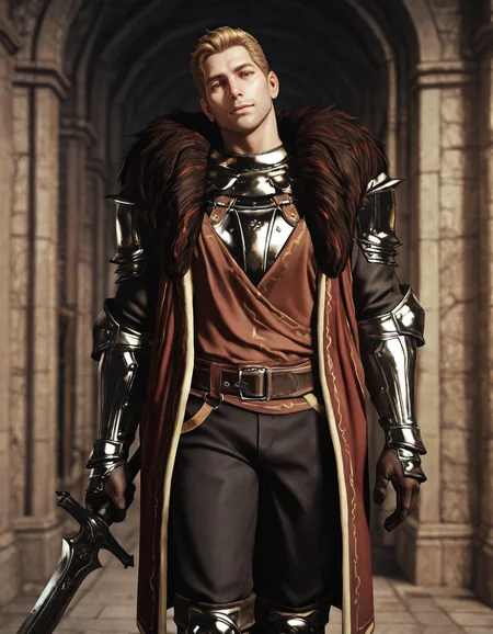 masterpiece, best quality, absurdres, newest, perfect quality, best quality, absolutely eye-catching, detailed background, intricate details, male focus, realistic, solo, <lora:Dragon Age - Cullen Rutherford - Illustrious:0.7> cullen_rutherford, brown eyes, fur-trimmed cloak, pauldrons, breastplate, shirt, gauntlets, gloves, belt, black pants, boots, head tilt, looking at viewer, holding sword