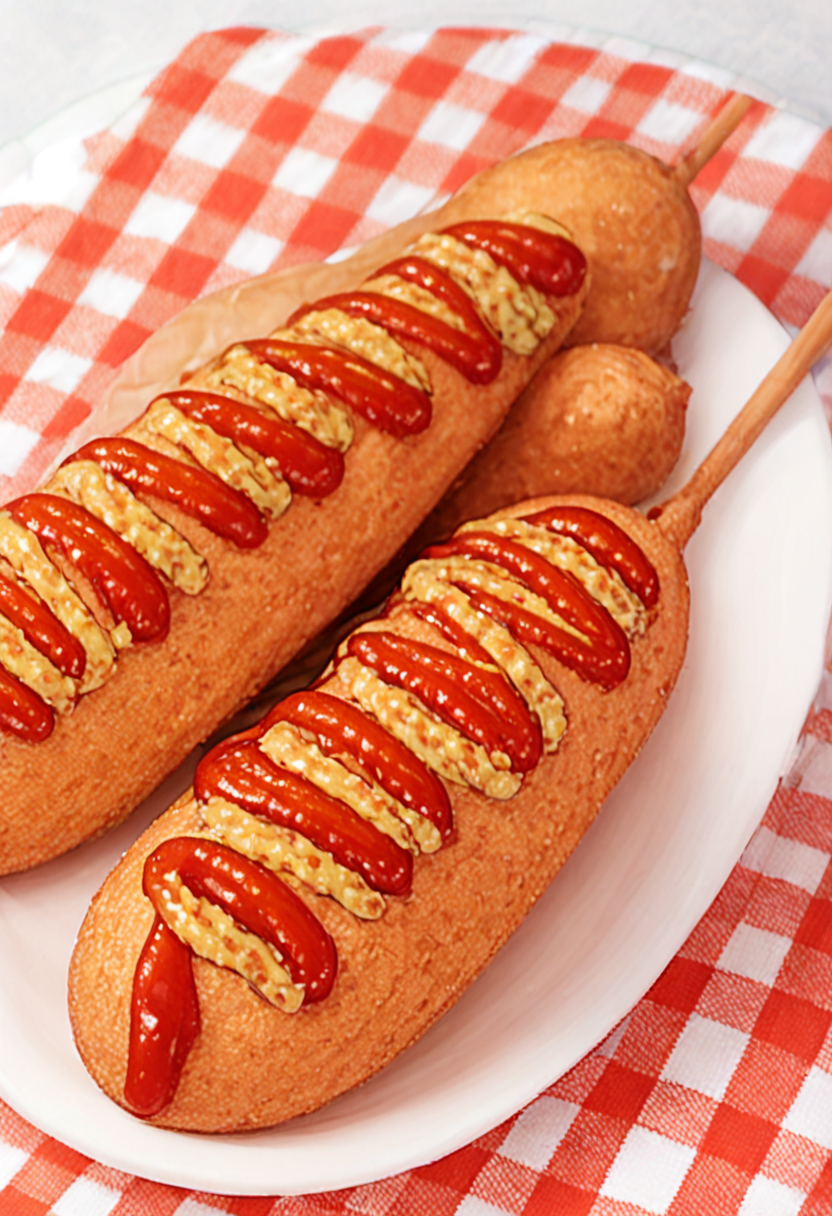 masterpiece, best quality, very aesthetic, absurdres,
american_dog, plate, no humans, food, food focus, still life, ketchup, plaid, plaid background, skewer
 <lora:american_dog_SDXL_V1:1>