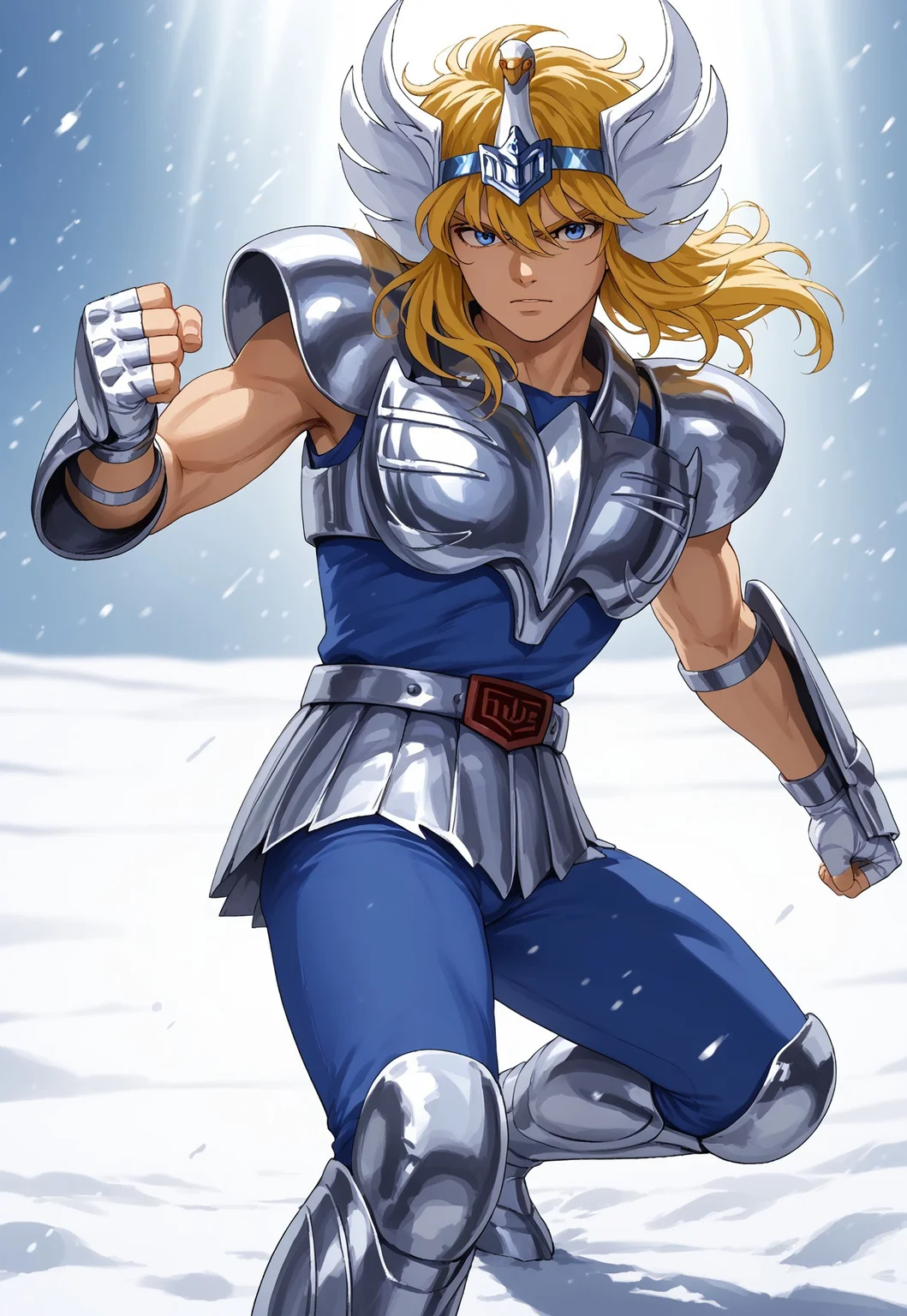 score_9, score_8_up, score_7_up, masterpiece, cygnushyov1, 1boy, blue eyes, slender figure, toned male, swan circlet, silver pauldrons, silver armor, fingerless silver gauntlets, circle plated vambrace, belt, silver tassets, blue pants, silver greaves, blue undershirt, belt buckle, wavy blonde hair, (((action pose))), (highly detailed:1.2), (intricate:1.2), (best quality:1.2),(8k:1.2), (sharp:1.2), (majestic:1.2), natural lighting, detail++, snow field backdrop, looking at viewer,