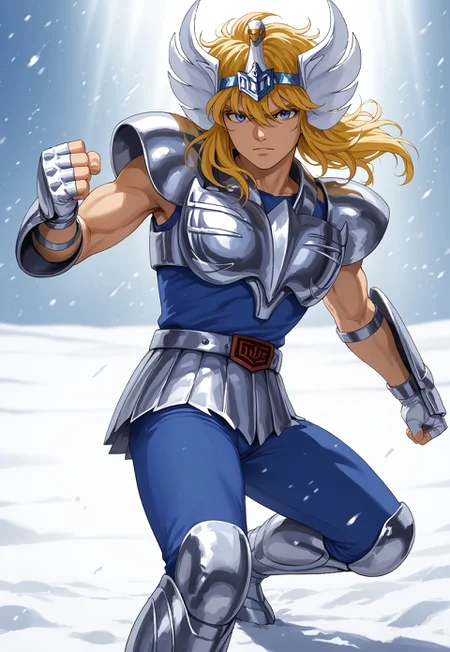 score_9, score_8_up, score_7_up, masterpiece, cygnushyov1, 1boy, blue eyes, slender figure, toned male, swan circlet, silver pauldrons, silver armor, fingerless silver gauntlets, circle plated vambrace, belt, silver tassets, blue pants, silver greaves, blue undershirt, belt buckle, wavy blonde hair, (((action pose))), (highly detailed:1.2), (intricate:1.2), (best quality:1.2),(8k:1.2), (sharp:1.2), (majestic:1.2), natural lighting, detail++, snow field backdrop, looking at viewer,