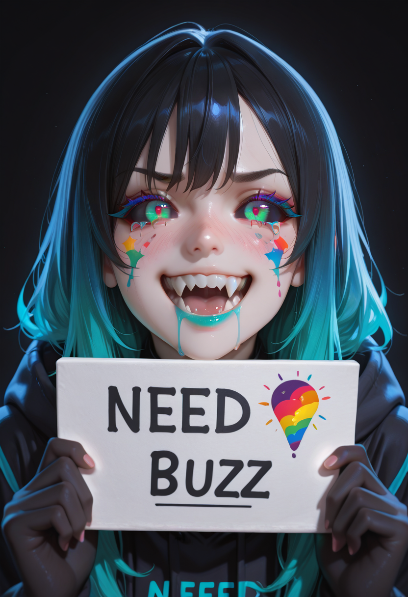 1girl, cute:2, (SmoothNoob_Quality), Smooth Quality, HDR, raytracing, pathtracing, 3d render, realistic skin, realistic textures, detailed skin, masterpiece, best quality, absurdres, <lora:ðð¡ð_ð¨ð§ð¥ð²_ðð¨ðð_ð²ð¨ð®_ðð¯ðð«_ð§ððð_v2__å¿è¦ãªã®ã¯LoRAã ã__by_CHROMEKIDD:.5>, amazing quality, ((holding sign:4, "NEED BUZZ":2)), face, solo, straight-on, close up, portrait, dark, ADDBASE, beautiful face, detailed, cute, big eye, simple background, black hair, fair skin, dull, dull colors, worried, scared, ADDCOL, (split image, split screen:1), shocked, blushing, (rainbow paint splatter), qxys, thermal, bright colors, black background, colored tears, crying, colored pupil, black sclera, (black skin, dark skin), reflective hair, v-shaped eyebrows, rainbow gradient eyes, colorful eyelashes, white eyebrow, (facepaint), rainbow paint splatter, crazy, ADDROW, (worried, blushing), open mouth, pale skin, white teeth, drooling, rainbow saliva, rainbow mouth, colorful sharp teeth, black skin, dark skin, huge reflective fangs, happy, grin, colored drooling, saliva, colored drool in mouth, rainbow lipstick, facepaint, colorful fangs