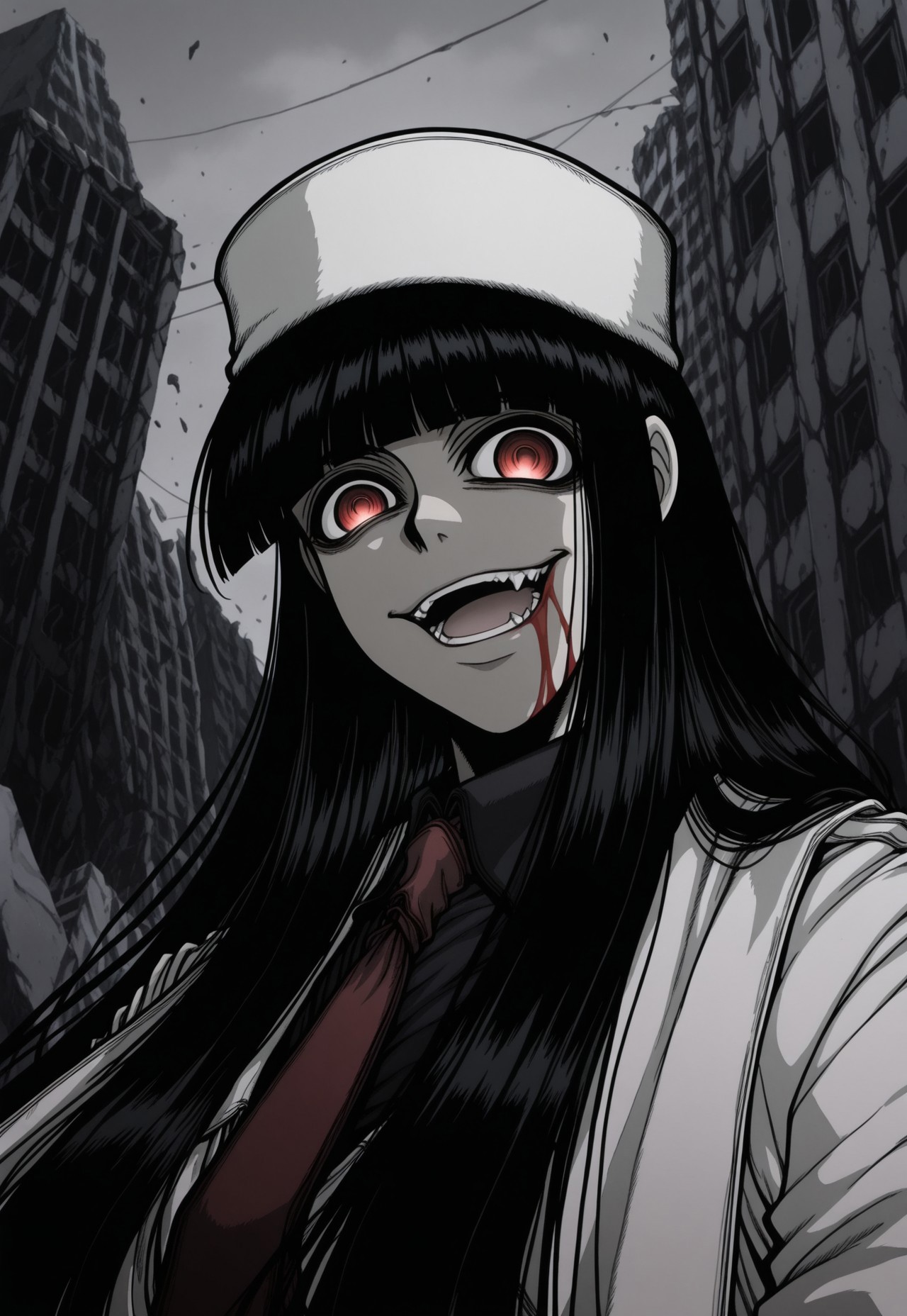 safe_pos, score_9, score_8_up, score_7_up, masterpiece, best quality, ((red blood)), Girlycard, solo, 1girl, female focus, black hair, long hair, hime cut, blunt bangs, (((red eyes))), fur hat, white jacket, black shirt, red necktie, white coat, white scarf, white gloves, perspective, evil smile,evil grin, open mouth, fangs, crazy eyes, greyscale, monochrome, blood on face, blood on mouth, ruins, portrait, close-up,