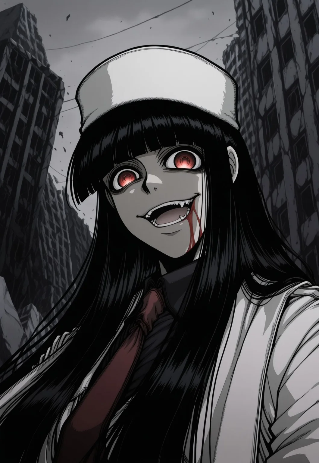 safe_pos, score_9, score_8_up, score_7_up, masterpiece, best quality, ((red blood)), Girlycard, solo, 1girl, female focus, black hair, long hair, hime cut, blunt bangs, (((red eyes))), fur hat, white jacket, black shirt, red necktie, white coat, white scarf, white gloves, perspective, evil smile,evil grin, open mouth, fangs, crazy eyes, greyscale, monochrome, blood on face, blood on mouth, ruins, portrait, close-up,