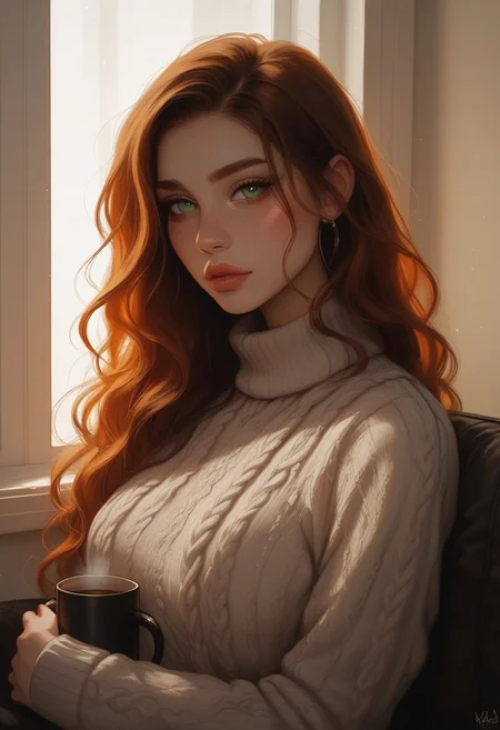 masterpiece, score_9, score_8_up, score_7_up, EasyNegative_v2, (best quality:1.1), ultra-detailed, high resolution, super detailed skin, Highly Visible, 8k, sharp focus, beautiful, perfect lighting, smooth edges,1girl, 18 year old girl, cute innocent girl, solo, posing, petite, slender body, large perky round breasts, green eyes, ((freckles, freckle details)), full lips, slim legs, ginger, wavy hair, long hair, soft beige knitted sweater, subtle texture, cozy winter style, sitting by rainy cafe window, window reflection, holding mug with both hands, (fingers wrapped around mug), mug on lap, coffee mug, (hot coffee, steamy, steam coming out of mug), soft rain atmosphere, soft indoor lighting, indoor warmth, soft natural lighting, slightly high angle