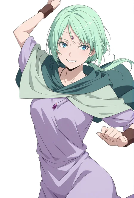 Smooth Quality,masterpiece,very intricate, high quality details, ultra realistic, high detailed skin,detailed enviorement,absurdres,
simple background, white background,solo,
front view,dancing, 
crazy smile,
 <lora:Mjurran_cnn:0.7> mjurrancnn,1girl, short hair, green hair, blue eyes, frown,necklace, forehead jewel,low ponytail + long hair,purple dress,green capelet,cape, wristband,