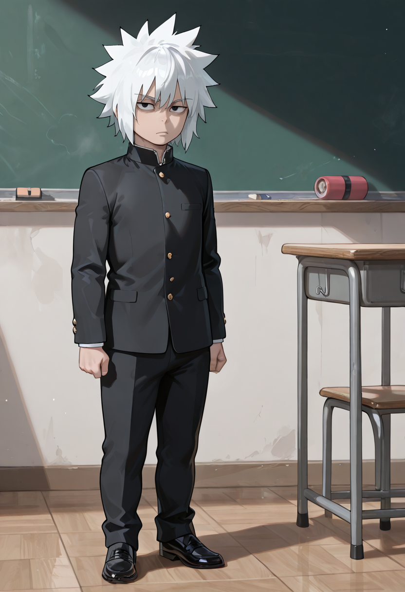 masterpiece, general, absurdres, newest, perfect quality, best quality, absolutely eye-catching, ambient occlusion, raytracing, LordJiraiya, JiraiyaGenin, 1boy, solo, aged_down, black_eyes, white_hair, medium_hair, spiked_hair, gakuran, black_footwear, classroom, bored,  <lora:Jiraiya:0.8>